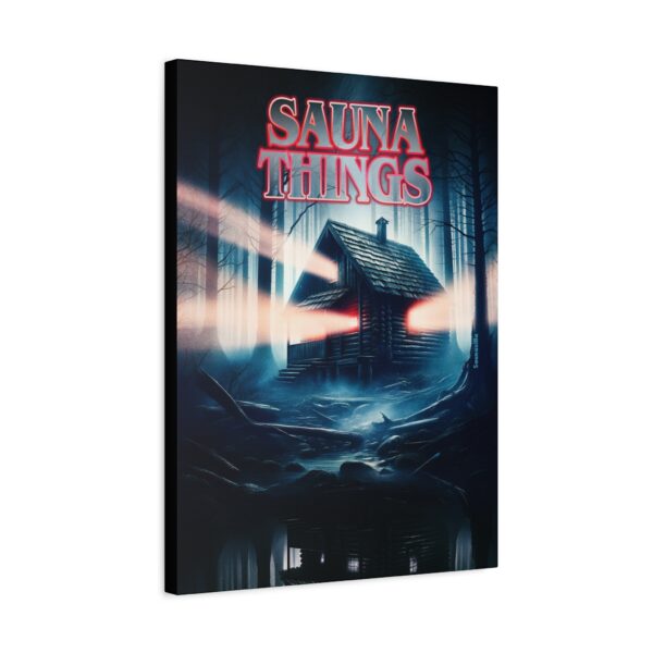 Stretched canvas art combining mystery and löyly – “Sauna Things” in retro neon font