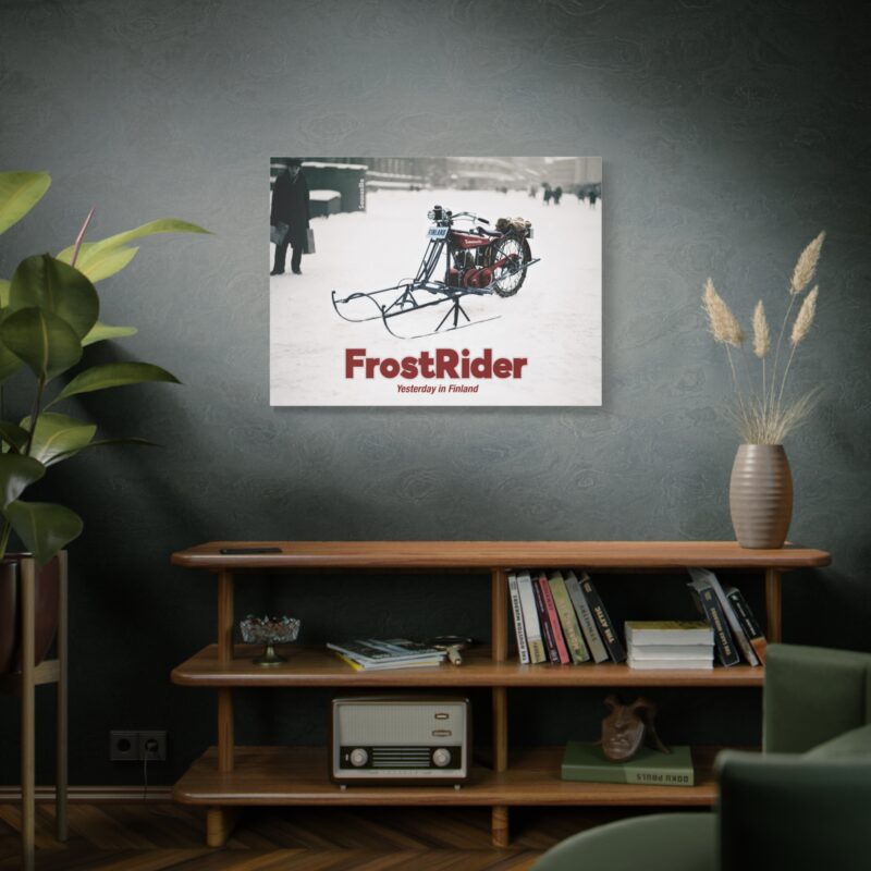 Stretched canvas print featuring “FrostRider” – a lone warrior riding a beast across a frozen tundra