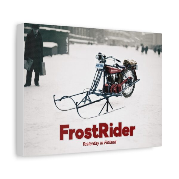 Humorous or intense wall art – bold “FrostRider” lettering atop a surreal arctic battlefield scene