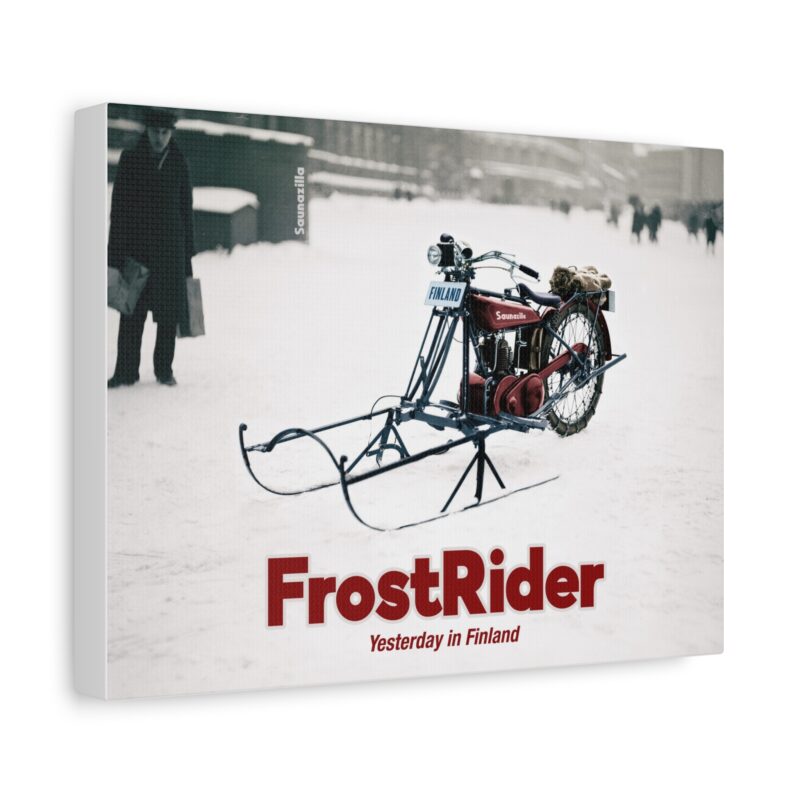 Humorous or intense wall art – bold “FrostRider” lettering atop a surreal arctic battlefield scene