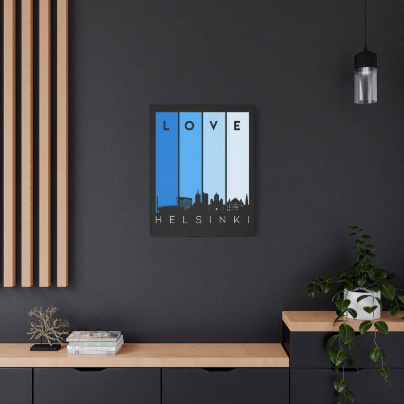 Stretched canvas print with bold “Love Helsinki” text and a clean Scandinavian design