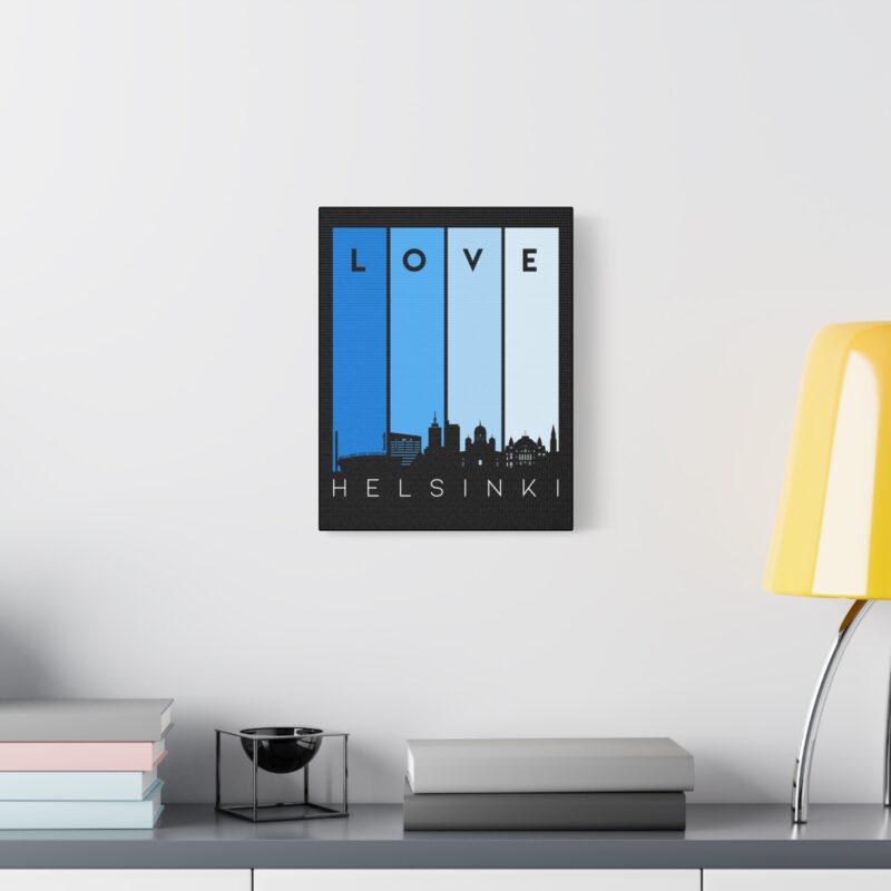 Canvas art celebrating Finland’s capital with simple typography and subtle heart motif