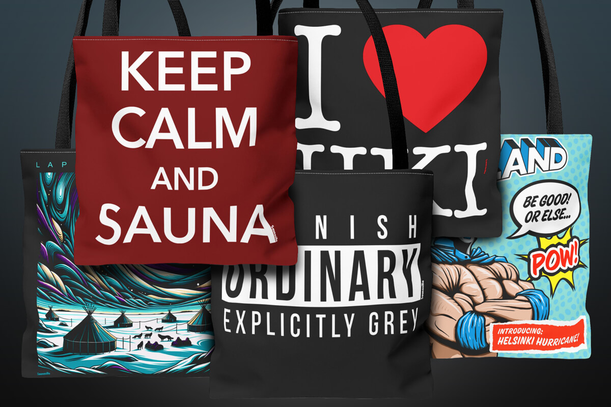 Tote bags, weekender bags, cotton bags and canvas bags with a twist of Finnish culture and sauna lifestyle by Saunazilla.