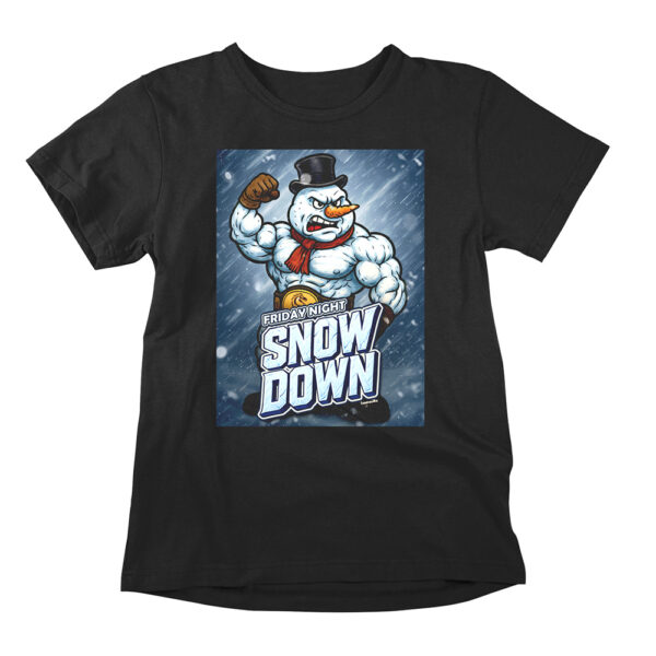 Friday Night Snowdown is a funny pro wrestling shirt and a hilarious parody t-shirt poking fun at the expense of winter, snowmen, and professional wrestling.