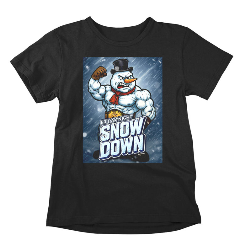 Friday Night Snowdown is a funny pro wrestling shirt and a hilarious parody t-shirt poking fun at the expense of winter, snowmen, and professional wrestling.
