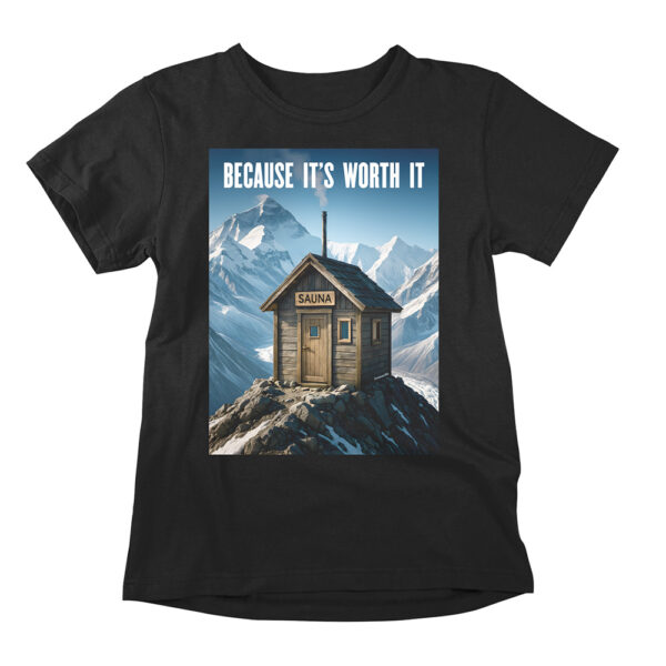 Mountain top sauna shirt is a funny t-shirt for men and women with a sauna lifestyle theme. Hilarious tee poking fun at mountain climbing and Mount Everest.