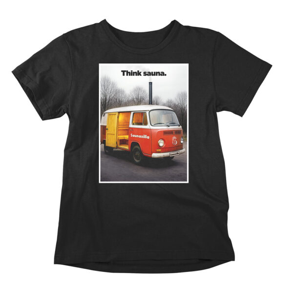 A hilarious Volkswagen parody shirt with a sauna theme. A sauna lifestyle funny t-shirt titled Saunawagen.