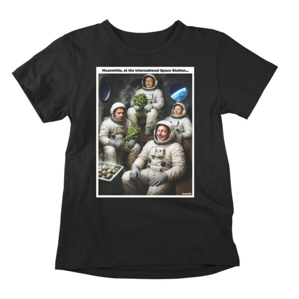 Funny t-shirt poking fun at NASA and the International Space Station. A black printed parody shirt with the design showing astronauts enjoying a sauna session. For friends of space research, NASA, and sauna culture.