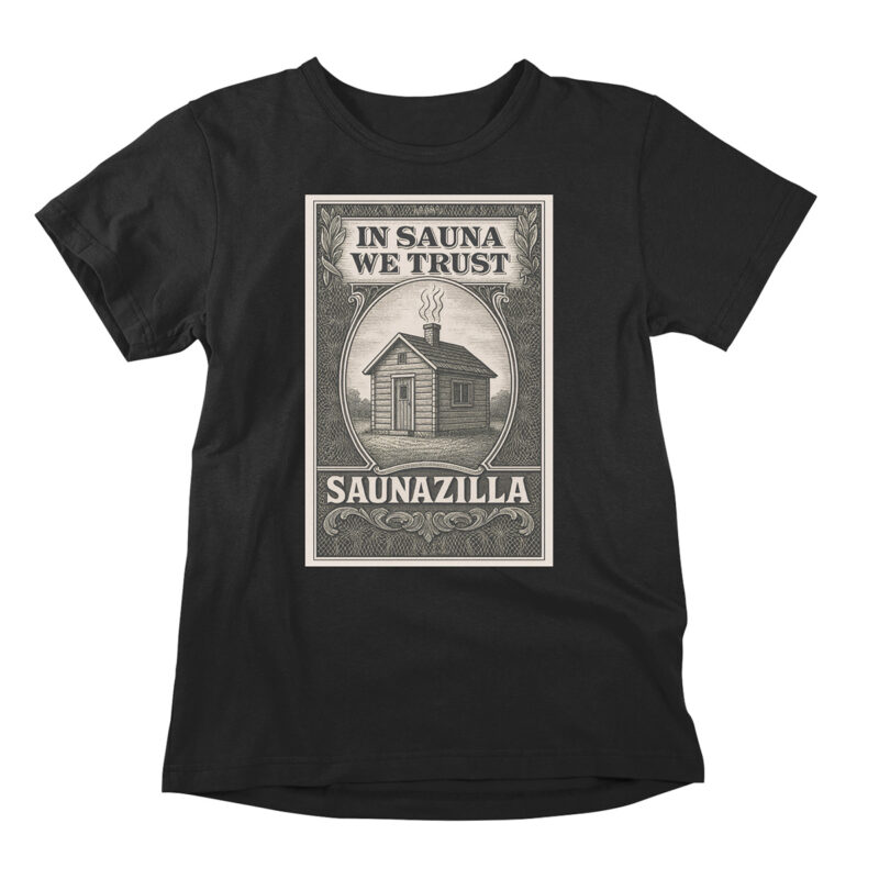 Funny t-shirt poking fun at the classic 'In God we trust' slogan. A black printed parody shirt with the design saying 'In Sauna we trust, for friends of history, economics, and sauna culture.