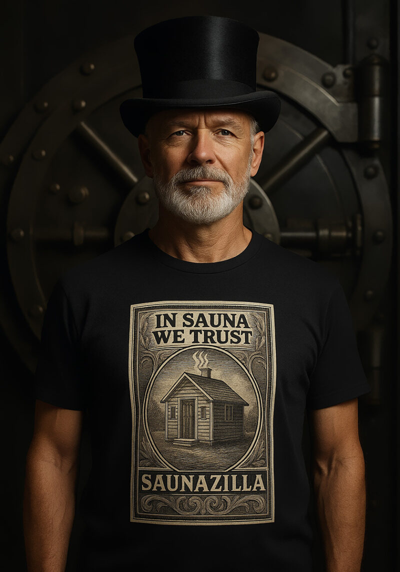 A picture of an older gentleman wearing a funny graphic t-shirt that says 'In sauna we trust'. A hilarious take on the traditioinal dollar bill visuals and symbolism, with a sauna theme.