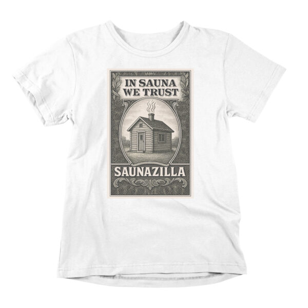 Funny t-shirt poking fun at the classic 'In God we trust' slogan. A parody shirt with the design saying 'In Sauna we trust, for friends of history, economics, and sauna culture.