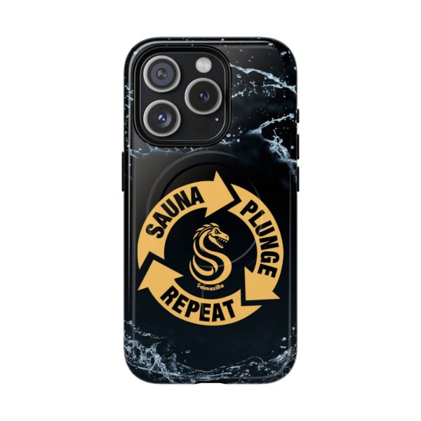 Sauna Plunge Repeat is a funny sauna-theme tough phone case for iPhone models. Humorous and high quality, supporting Apple's MagSafe connectivity, it's a perfect iphone case for a fun sauna lifestyle.
