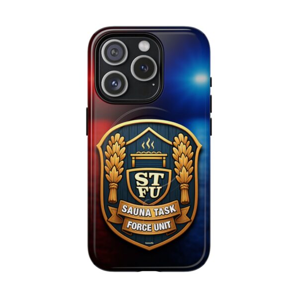 Sauna Task Force Unit is a funny sauna-theme tough phone case for iPhone models. Humorous and high quality, supporting Apple's MagSafe connectivity, it's a perfect iphone case for a fun sauna lifestyle.