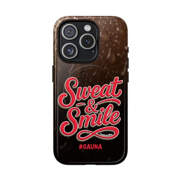 Sweat & Smile is a funny sauna-theme tough phone case for iPhone models. Humorous and high quality, supporting Apple's MagSafe connectivity, it's a perfect iphone case for a fun sauna lifestyle.