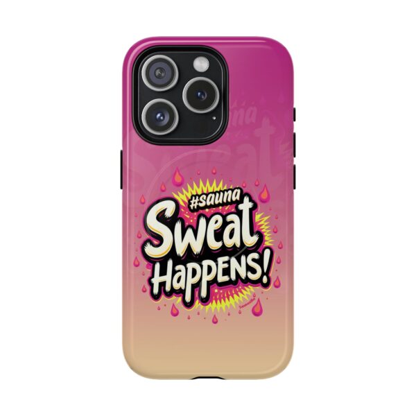 Sweat Happens! is a funny sauna-theme tough phone case for iPhone models. Humorous and high quality, supporting Apple's MagSafe connectivity, it's a perfect iphone case for a fun sauna lifestyle.