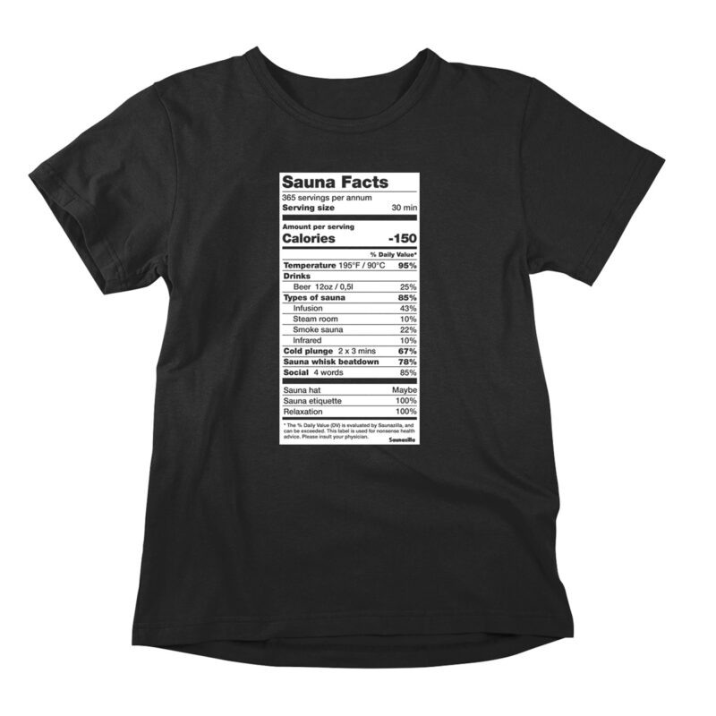 Funny t-shirt poking fun at nutritioina labels. A black printed parody shirt with the design showing a fictional nutrition label presenting all the elements in a sauna session. For friends of clever humor, graphic tees, and sauna culture.