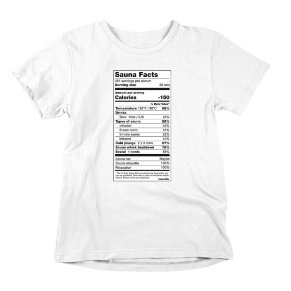 Funny t-shirt poking fun at nutritioina labels. A white printed parody shirt with the design showing a fictional nutrition label presenting all the elements in a sauna session. For friends of clever humor, graphic tees, and sauna culture.