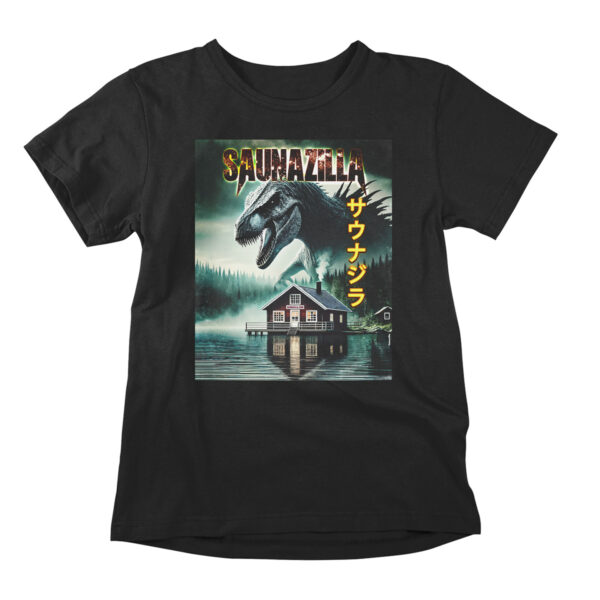 Funny t-shirt poking fun at the popular Godzilla films. A black printed parody shirt with the design showing a giant monster above a sauna building by the lake. For friends of Godzilla, monster movies, and sauna culture.