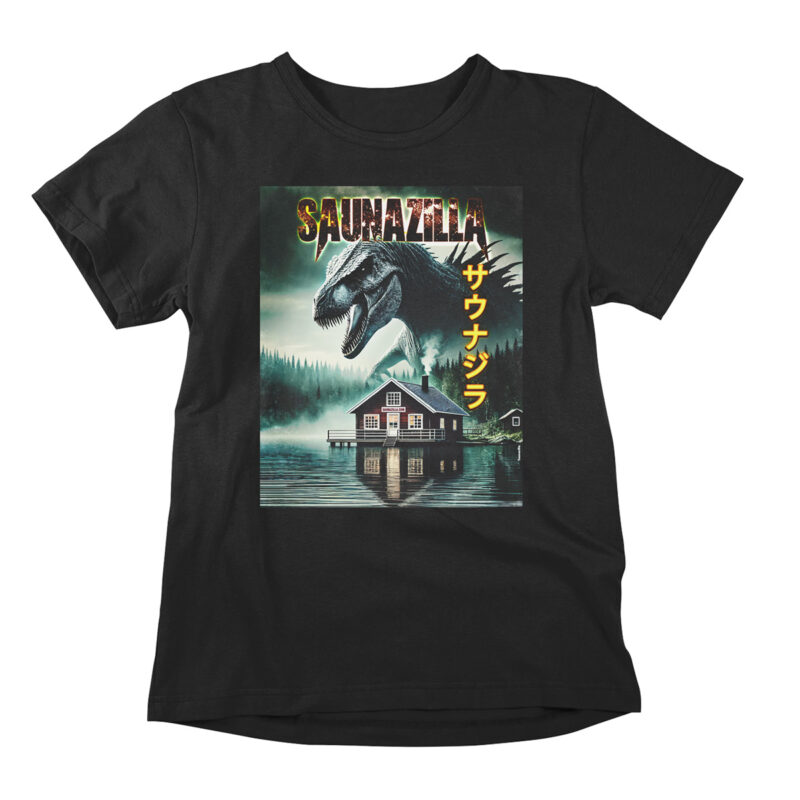 Funny t-shirt poking fun at the popular Godzilla films. A black printed parody shirt with the design showing a giant monster above a sauna building by the lake. For friends of Godzilla, monster movies, and sauna culture.