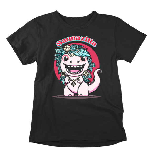 Funny t-shirt poking fun at Godzilla and monster movies. A black printed parody shirt with the design showing a cute animated toy monster named Saunazilla. For friends of girlie things, cute stuff, and sauna culture.