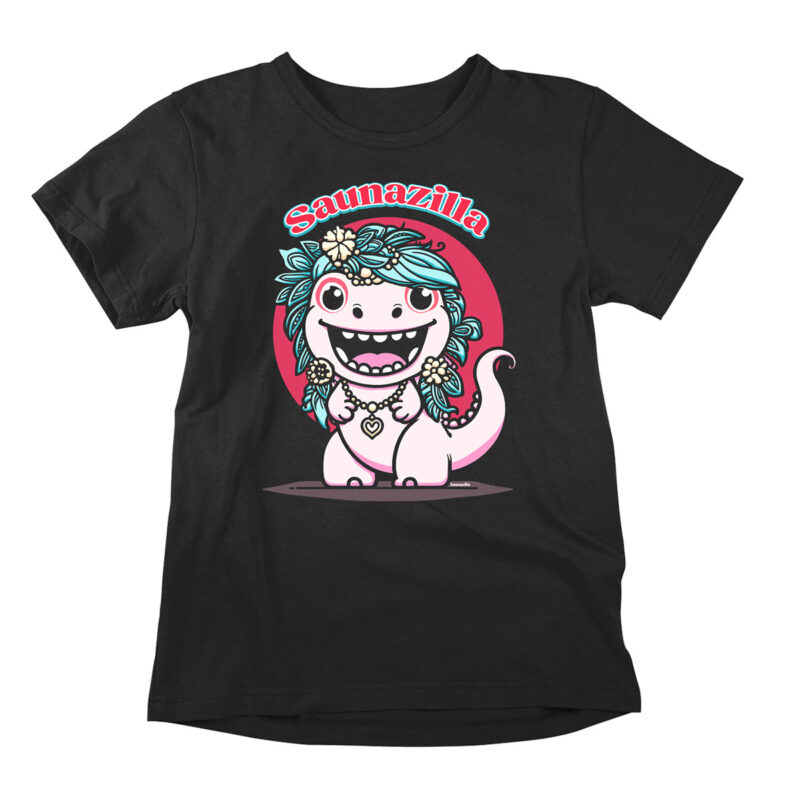 Funny t-shirt poking fun at Godzilla and monster movies. A black printed parody shirt with the design showing a cute animated toy monster named Saunazilla. For friends of girlie things, cute stuff, and sauna culture.