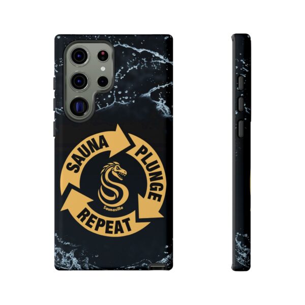 Sauna Plunge Repeat is a funny sauna-theme tough phone case for Samsung and Google Pixel models. Humorous and high quality, it's a perfect phone case for a fun sauna lifestyle.