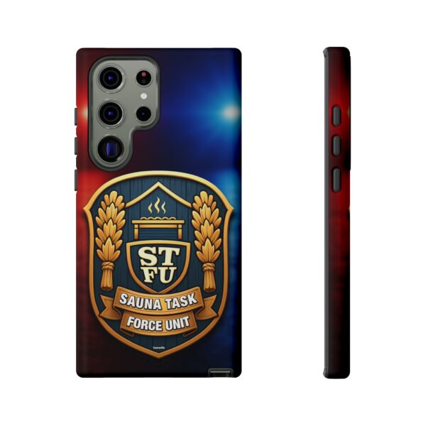 Sauna Task Force Unit is a funny sauna-theme tough phone case for Samsung and Google Pixel models. Humorous and high quality, it's a perfect phone case for a fun sauna lifestyle.