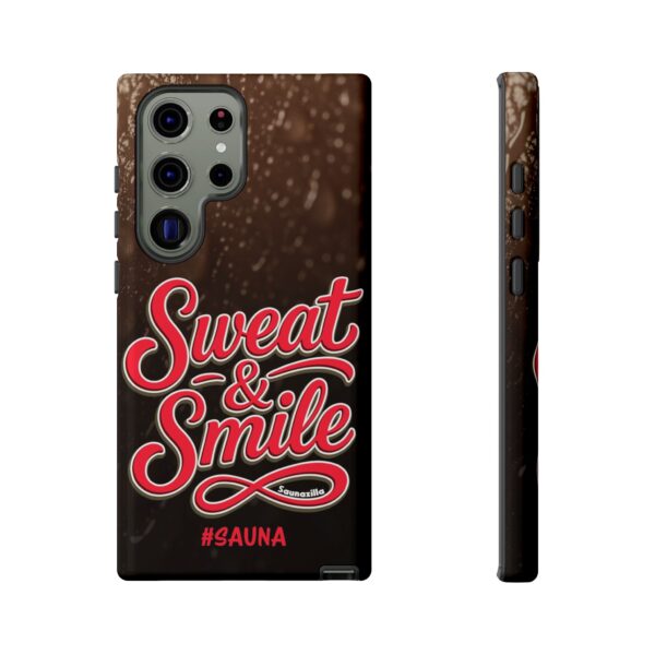 Sweat & Smile is a funny sauna-theme tough phone case for Samsung and Google Pixel models. Humorous and high quality, it's a perfect phone case for a fun sauna lifestyle.
