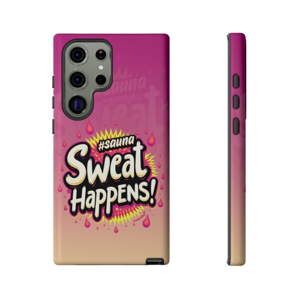 Sweat Happens! is a funny sauna-theme tough phone case for Samsung and Google Pixel models. Humorous and high quality, it's a perfect phone case for a fun sauna lifestyle.
