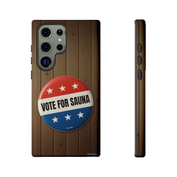 Vote For Sauna is a funny sauna-theme tough phone case for Samsung and Google Pixel models. Humorous and high quality, it's a perfect phone case for a fun sauna lifestyle.