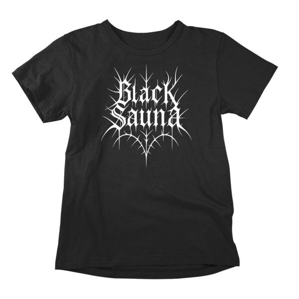 Funny t-shirt with a black metal or heavy metal theme. In the print, we can see a black metal parody logo with the text Black Sauna.
