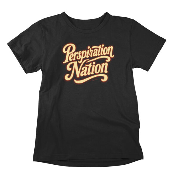 Perspiration Nation is a funny graphic tee for men and women, portraying a trendy text design with a sauna theme.