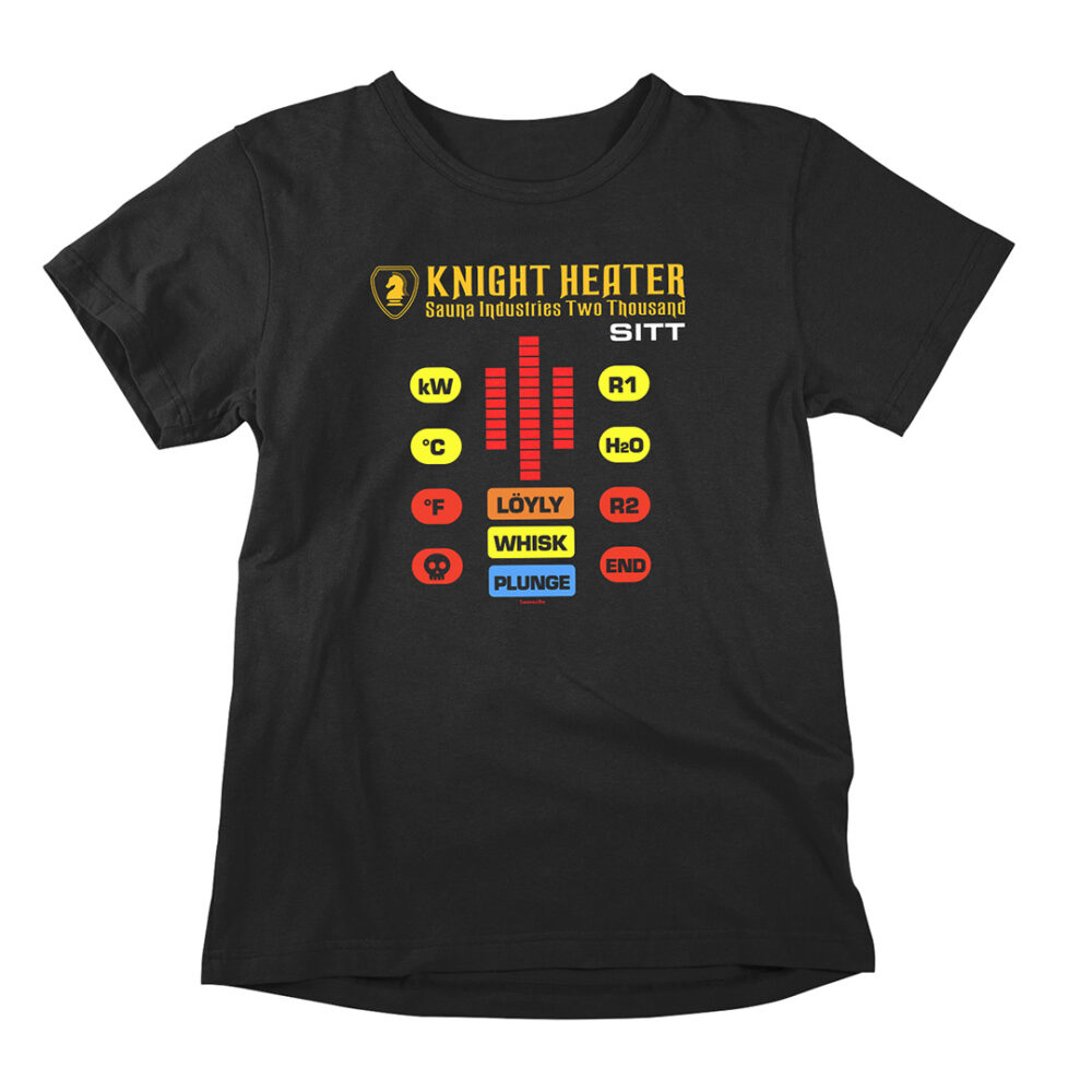 Knight Heater is a funny parody t-shirt poking fun at the expense of the classic 1980s TV show Knight Rider. This time, it is with a sauna context.