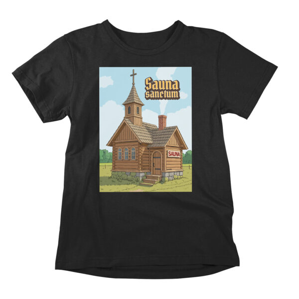 Sauna Sanctum is a nod to ancient sauna history. Sauna has been considered holy in many traditions all over the world. This t-shirt portrays the meaning of that sauna history in a cartoony way.