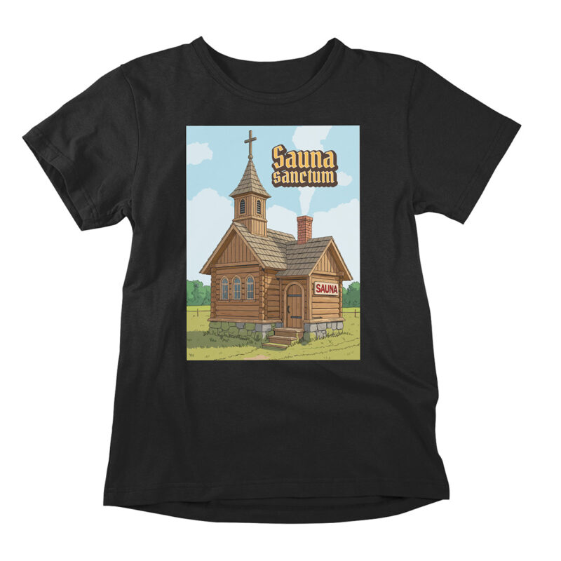 Sauna Sanctum is a nod to ancient sauna history. Sauna has been considered holy in many traditions all over the world. This t-shirt portrays the meaning of that sauna history in a cartoony way.