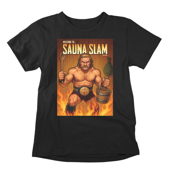 Sauna Slam on hauska showpaini paita kaikille showpainin ja wrestlingin ystäville. Paidan painatus vääntää vitsiä showpainista humoristisella sauna-teemalla.