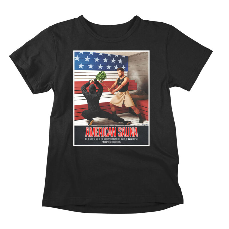 American Sauna t-paita jossa väännetään vitsiä tunnetusta 80-luvun ninjaelokuvasta American Ninja (1985).