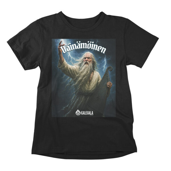 Väinämöinen Kalevala Finnish mythology t-shirt. A dramatic and artistic Kalevala printed tee, portraying Vainamoinen with Kantele instrument in a thunderstorm and Finnish forest scenery.