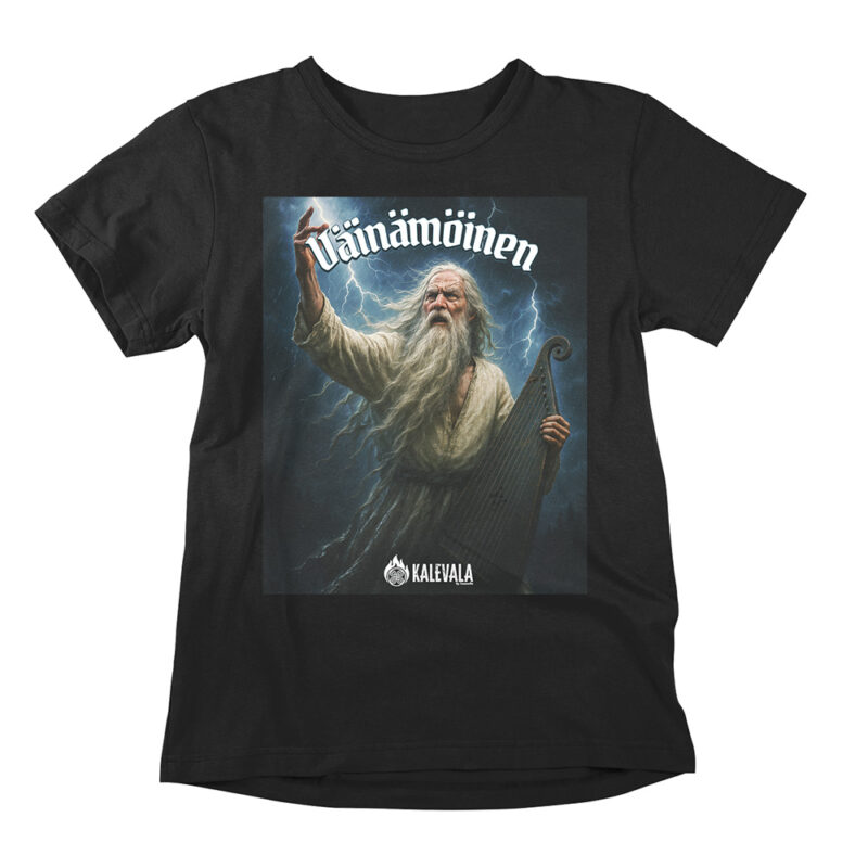 Väinämöinen Kalevala Finnish mythology t-shirt. A dramatic and artistic Kalevala printed tee, portraying Vainamoinen with Kantele instrument in a thunderstorm and Finnish forest scenery.