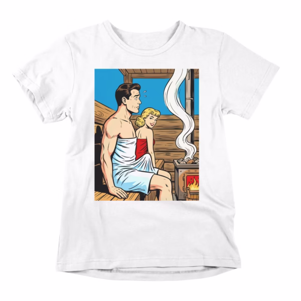 Fall into the heat of romance with the "From Sauna With Love" t-shirt, a vintage comic-style design that captures the intimate magic of shared sauna moments. Featuring a stylish 1950s-inspired couple wrapped in towels, sitting side by side as steam rises from the glowing kiuas, this shirt celebrates love forged in heat and quiet connection. Perfect for sauna couples, retro comic art lovers, and anyone who believes the best relationships are built on wooden benches at 80°C. A playful nod to classic spy romance meets Finnish sauna tradition, this design is ideal for date nights, sauna dates, or anyone who knows that true intimacy doesn't need candlelight—just steam, silence, and someone who won't complain when you pour another ladle. Wear the warmth. Share the heat. From sauna with love.