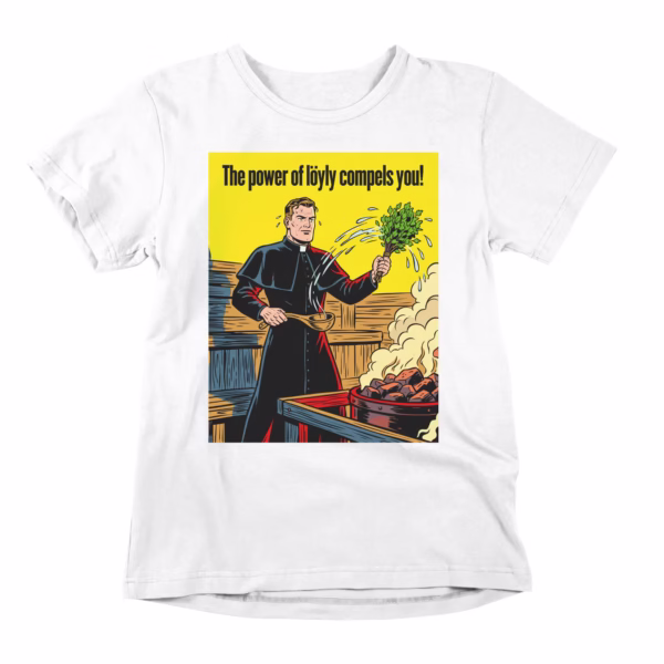 Step into the sacred heat with the Holy Power of Löyly t-shirt, a vintage comic-style design that turns timeless sauna ritual into bold wearable art. Featuring a stoic priest wielding a birch whisk and wooden ladle beside a roaring kiuas, this shirt is crafted for heat purists, Finnish culture lovers, and anyone who believes true clarity is found in steam, not sermons. Made for those who treat the sauna as a sanctuary, value proper löyly etiquette, and know that real peace comes at 85°C. Kneel before the heat. Let the steam cleanse you. Shop now and wear the ritual.