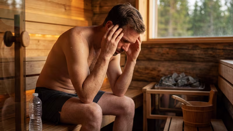 What are the common mistakes to avoid in a sauna? There are many sensations to make note of when spending time in a hot sauna room. A headache or nausea can be signs of dehydration. Avoid alcohol use with sauna and try to notice warning signs in your body. If uncomfortable symptoms appear, leave the sauna room immediately, cool off, and drink water in smaller portions.