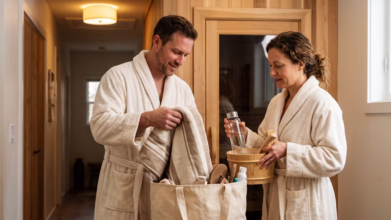 What you do before the sauna shapes the whole session. The 30 to 60 minutes leading up to it matter for comfort, safety, and how good it feels. Watch your timing with food. A heavy meal and high heat don’t work well together. In the sauna, more blood moves toward your skin, while digestion needs that same supply. Keep it simple with what you bring. Take a clean towel to sit on and another to dry off, plus water. Skip anything that doesn’t belong in the heat. Leave your phone, jewelry, watch, contact lenses, and metal items outside. Devices can get damaged, and metal heats up quickly against your skin. A towel or light swimwear is enough inside.