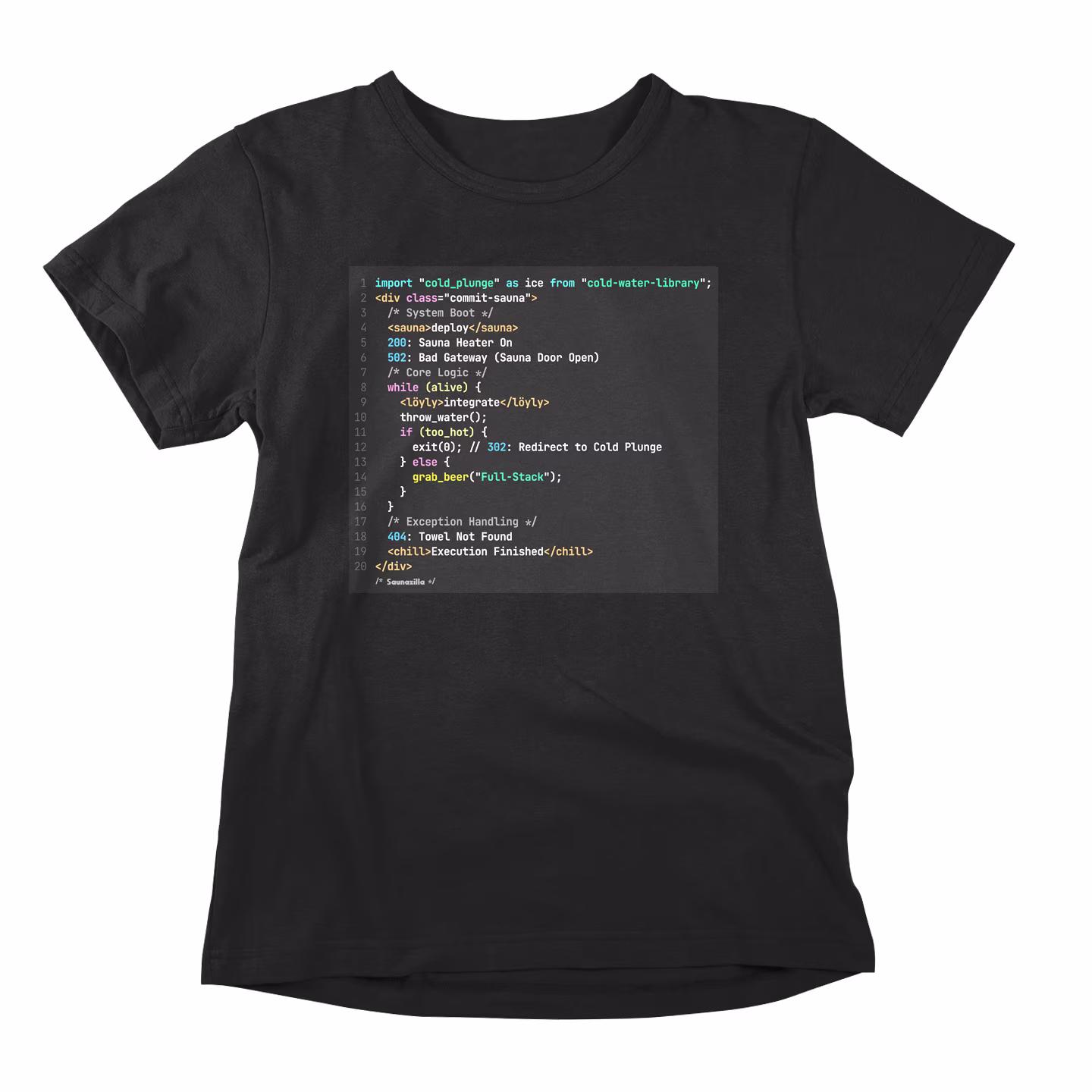 This is SDD Sauna-Driven Development. Debugging production already feels like sitting in a 100°C sauna with no airflow. We cut the panic and added a cold beer. Meet the ultimate funny t-shirt for the coder with a sauna lifestyle. Ship your code, hit the sauna, and try not to trigger a 404: Towel Not Found. Built for coders who deal with crashes by going fully offline. Untangling backend chaos or just pushing through to the weekend, this funny coding t-shirt fits the job. Ultra-soft, high-quality cotton that stays comfortable, even when the sauna door opens and throws a 502. Relaxed unisex fit that works for everyone from wired junior devs to fully chilled senior architects. Durable build that handles repeated washes, constant refactoring, and long weekend sessions. Expect nods from engineers, sauna fans, and anyone who respects a clean Full-Stack beverage call.