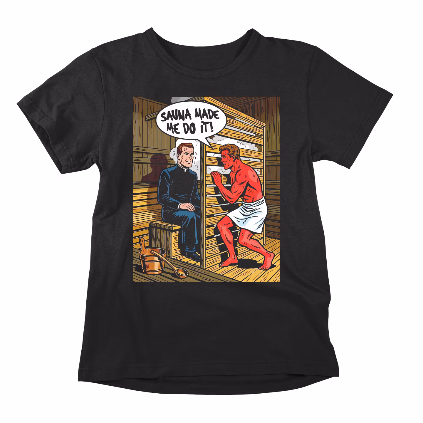 Some confessions can't wait for Sunday. They happen at 80°C, in the privacy of wooden walls, when the heat loosens tongues and the löyly demands honesty. "Sauna Made Me Do It" captures that exact moment of sauna-induced surrender in vintage comic-book style. The design features a classic confessional scene reimagined for the heat: a calm priest sits quietly while a towel-clad figure, glowing red from the temperature, bursts through the door with the ultimate excuse we've all used at some point. Did you pour too much water? Stay too long? Confess something you shouldn't have? The sauna made you do it. This isn't just a parody tee—it's a badge of honor for everyone who's ever been ruled by the heat. For those who've lost arguments to the thermometer, made questionable decisions on the top bench, or blamed the löyly for things they absolutely meant to do. Made for sauna enthusiasts with a sense of humor, Finnish culture fans, vintage comic lovers, and anyone who knows that sometimes the heat just takes over. No regrets. Just steam. And maybe a few confessions you can't take back.