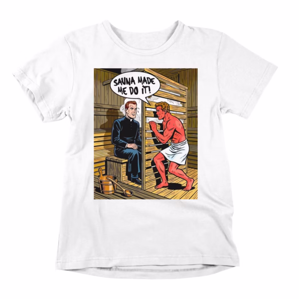 Embrace the ultimate sauna excuse with this vintage comic-style "Sauna Made Me Do It" t-shirt. Featuring a hilarious confessional scene with priest and overheated sauna-goer, this design is perfect for heat enthusiasts, Finnish culture lovers, and anyone who's ever blamed the löyly for questionable decisions. Retro comic art meets sauna humor in this must-have shirt for sauna purists and vintage aesthetics fans. Order now and wear your heat-induced confessions with pride.
