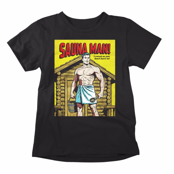 Step into the heat with the Sauna Man t-shirt, a retro comic-inspired parody shirt that turns sauna endurance into full superhero status. A strong, bold hero stands outside a wooden cabin, towel over his shoulder, bucket and ladle ready, capturing the playful attitude of anyone who takes their heat sessions seriously. The line “I sweat so you don’t have to!” says it all, a mix of dedication, pride, and a lot of sweat. Made for heat warriors, retro comic fans, and anyone who volunteers to throw the first round of löyly, this shirt celebrates the humor, toughness, and spirit of sauna culture. Give it to a friend who never leaves the top bench or wear it yourself and take the title. It is a lighthearted tribute to the real heroes of the steam room. Embrace the sweat, take the heat, Sauna Man is on duty.