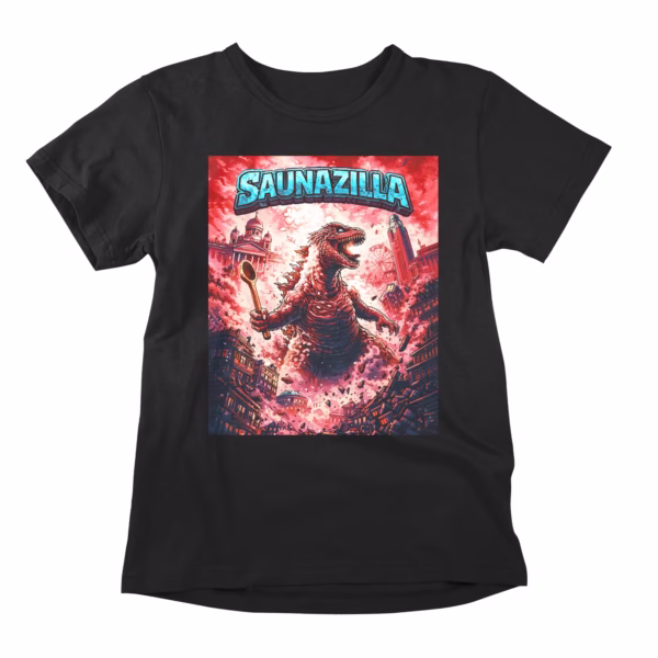 This Godzilla parody t-shirt feels like a wild B-movie poster torn straight from a cinema wall and turned into something you can wear, with Helsinki’s skyline rattling, Finland's capital city landmarks on edge, and at the center a totally fictional, slightly unhinged monster that definitely didn’t get permission to be there. “Is that Helsinki Cathedral and Helsinki railway station?” Of course it is - Saunazilla movie monster is a humorous mash-up of everythign you love about Finland, Helsinki, and sauna. Bold, cinematic graphic with an unexpected Helsinki twist, perfect for everyday wear, gigs, or a bit of chaos.