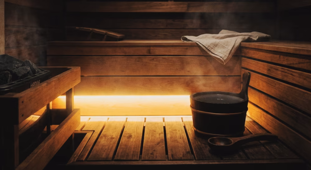 Cozy dimly lit sauna corner with indirect warm LED lighting under the benches and steam floating through the air.