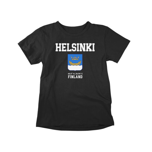 Helsinki Coordinates T-shirt for men and women. Finnish Helsinki tee showing Finland's capital city Helsinki's geographical coordinates 60.17 N, 24.94 E.